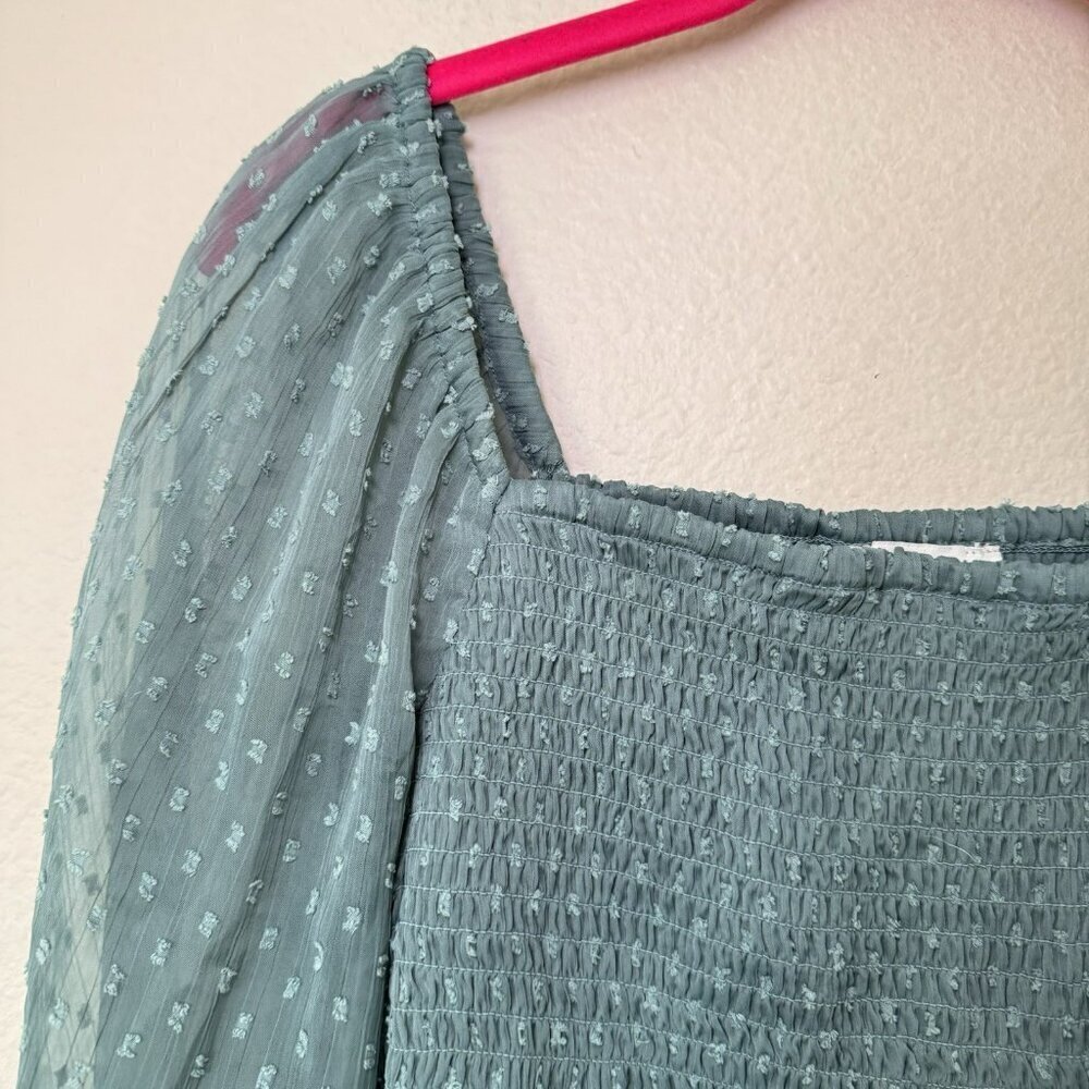 American Eagle Green Smocked Peplum Top Long Sheer Sleeve Size Small - Picture 2 of 4